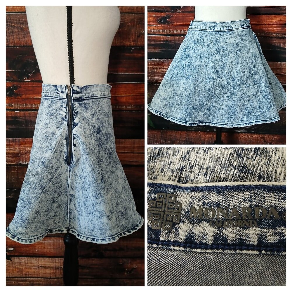 Monarda Mini Jean Skirt Juniors L Acid Wash High Waist Flare Zip Denim
